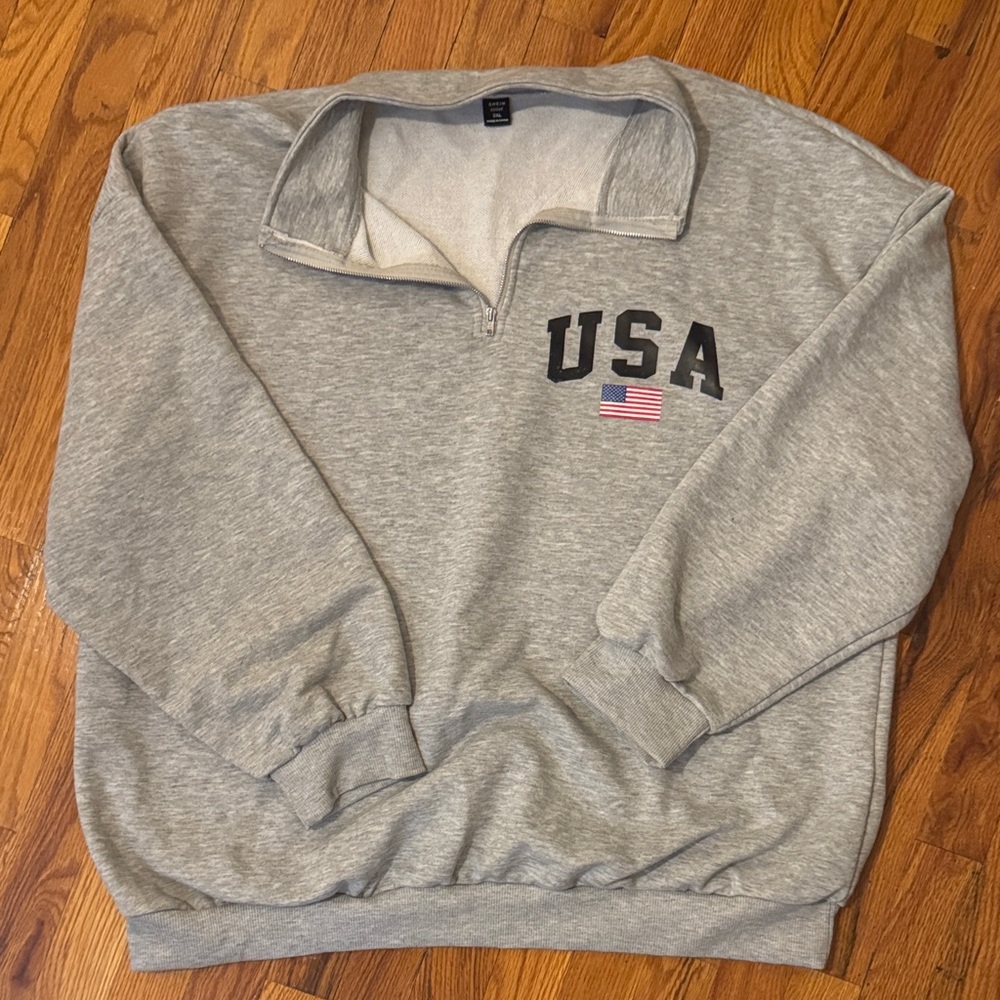 Gray Quarter-Zip Sweatshirt with USA Patch